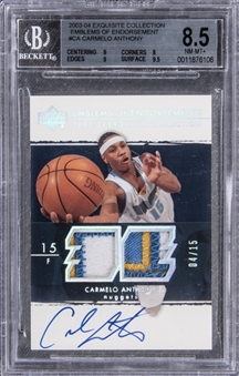 2003-04 UD "Exquisite Collection" Emblems of Endorsement #CA Carmelo Anthony Signed Game Used Patch Rookie Card (#04/15) – BGS NM-MT+ 8.5/BGS 10